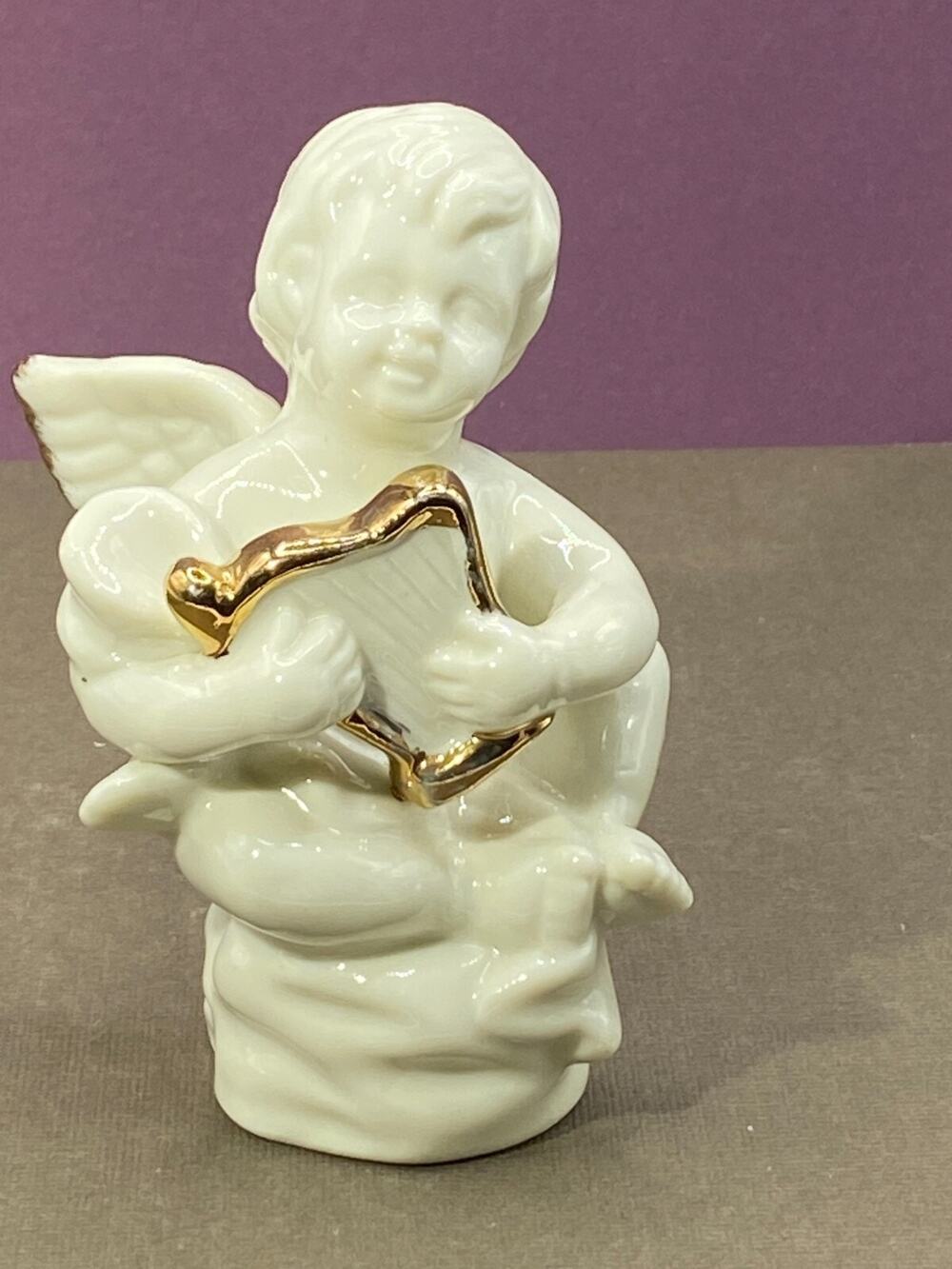 Porcelain Angel with Gold Tipped Wings & Gold Accent Harp 3.5”